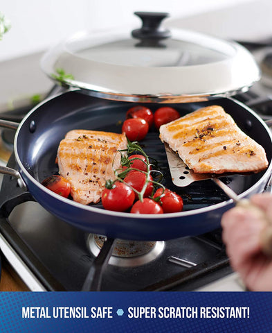Image of Cookware Diamond Infused Ceramic Nonstick 11" Grill Genie Pan with Lid Pfas-Free Dishwasher Safe Oven Safe Blue