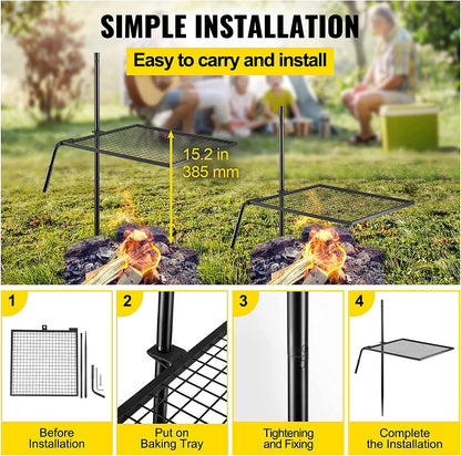Swivel Grill, Heavy Duty Steel Campfire Grill,Single Layer Open Fire Grill, 24" X 24" Campfire Swivel Grill with Heat Dissipation Handle, Campfire Grill Stake for Outdoor Open Flame Cooking