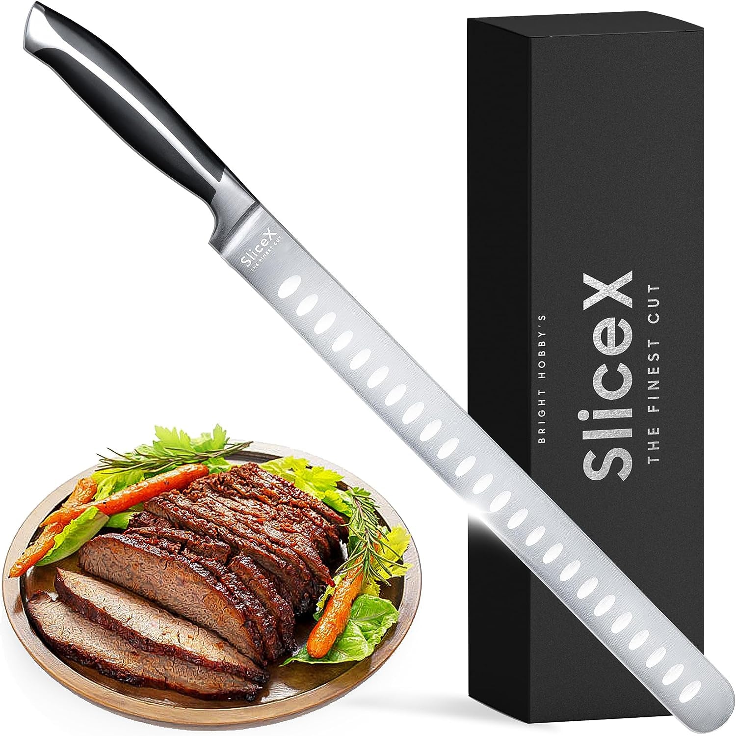 Slicex Classic Brisket Slicing Knife - Razor Sharp 12" Carving Knife for Meat - Premium German Steel Meat Carving Knife Full Tang - Slicing Knife for Meat Cutting, Meat Slicing Knife - Great Dad Gift