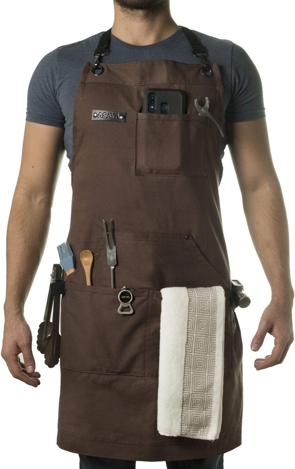 Chef, BBQ and Work Apron with Bottle Opener and Hand Towel - Durable 10Oz Cotton Canvas, Brass Hardware and Cross Back Straps - for Men, Women, Grilling, and Cooking (Brown)