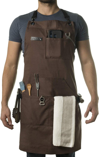 Chef, BBQ and Work Apron with Bottle Opener and Hand Towel - Durable 10Oz Cotton Canvas, Brass Hardware and Cross Back Straps - for Men, Women, Grilling, and Cooking (Brown)