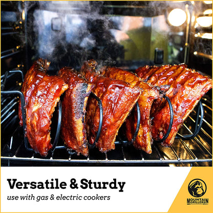MOUNTAIN GRILLERS BBQ Rib Racks for Smoking, Gas Smoker or Charcoal Grill, Sturdy & Non Stick Standing for Gas Grill, Bbq Grill, Holds up to 5 Baby Back Ribs, Grilling & Barbecue Gifts for Men Black