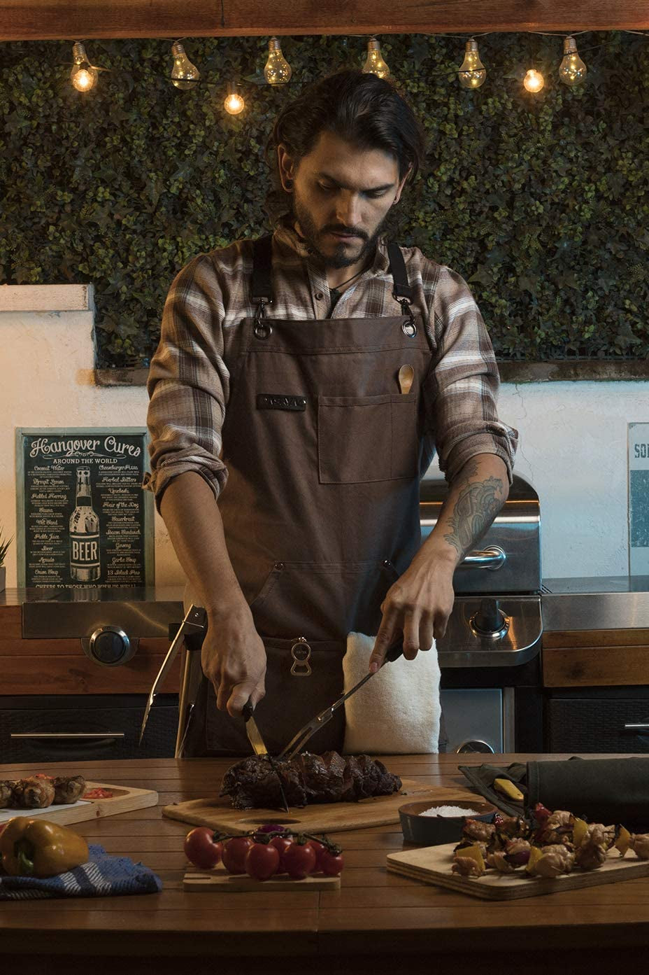 Chef, BBQ and Work Apron with Bottle Opener and Hand Towel - Durable 10Oz Cotton Canvas, Brass Hardware and Cross Back Straps - for Men, Women, Grilling, and Cooking (Brown)