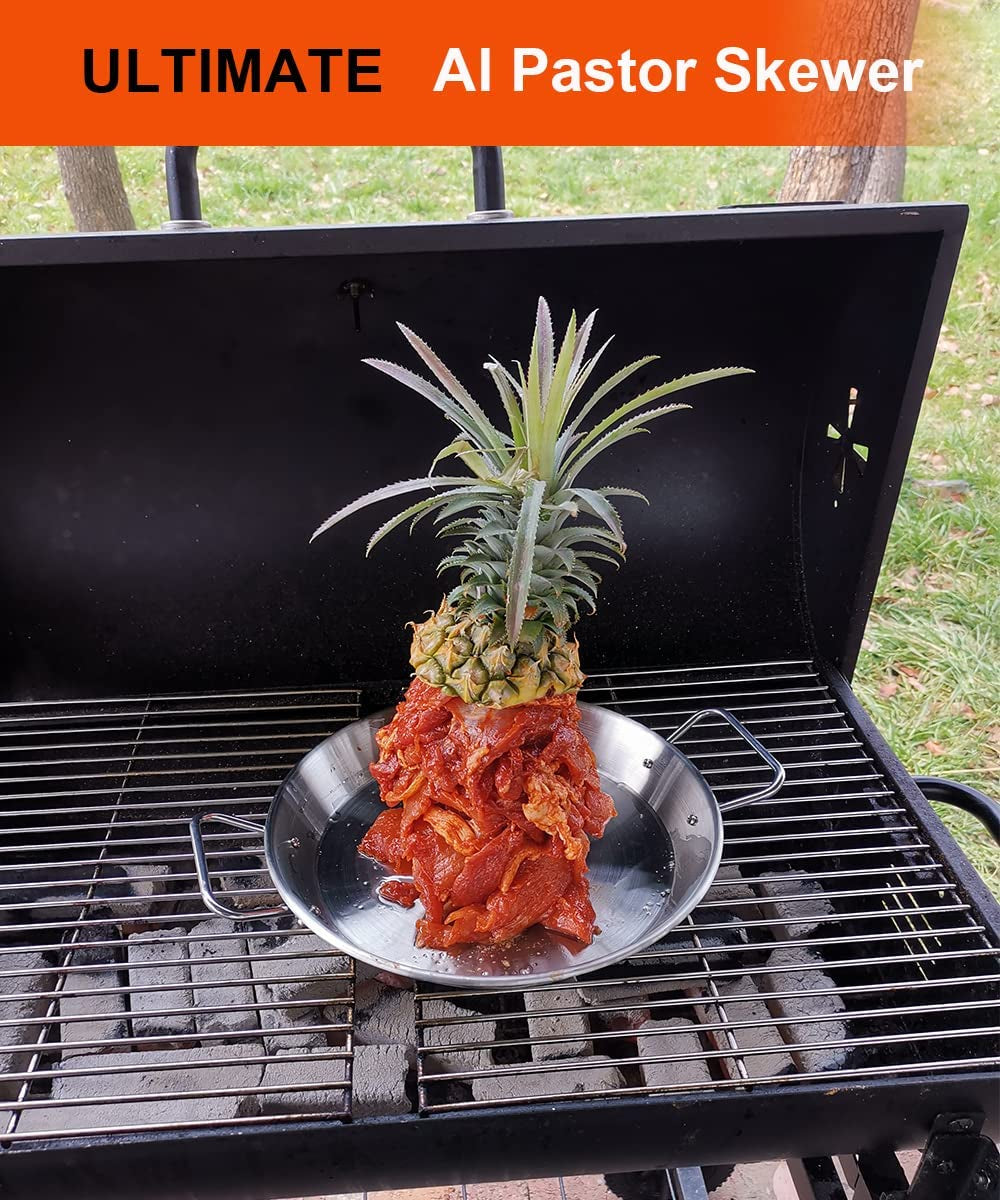 Vertical Skewer for Grill-Al Pastor Skewer Brazilian Vertical Spit Stand for Tacos Al Pastor, Shawarma, Kebabs, Gyros- BBQ Grilling Accessory with 3 Removable Spikes (8”, 10" and 12”)