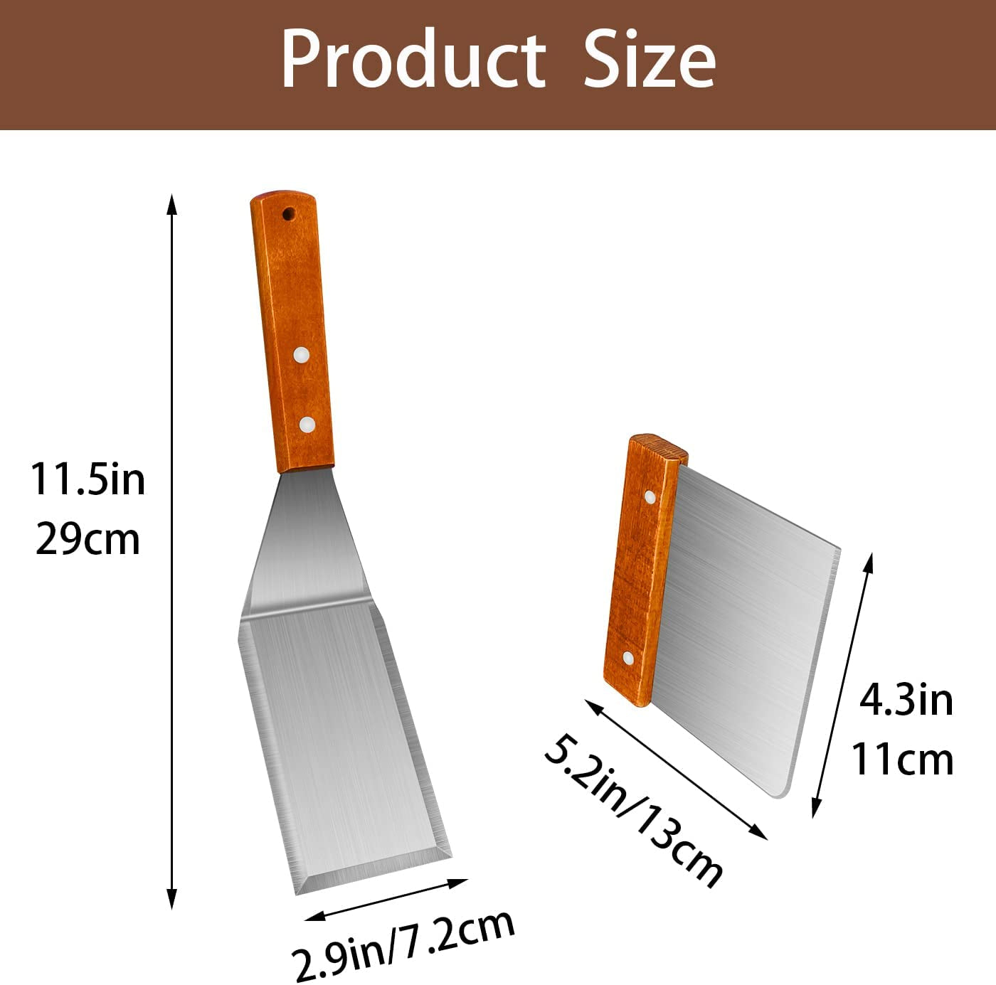 KLAQQED Spatula, Metal Spatulas Set, Stainless Steel Spatula, Fish Spatula Turner Cooking BBQ Grill Griddle Spatula, Metal Spatula for Cast Iron Skillet, Small Wide Kitchen Spatulas ​With Wood Handle