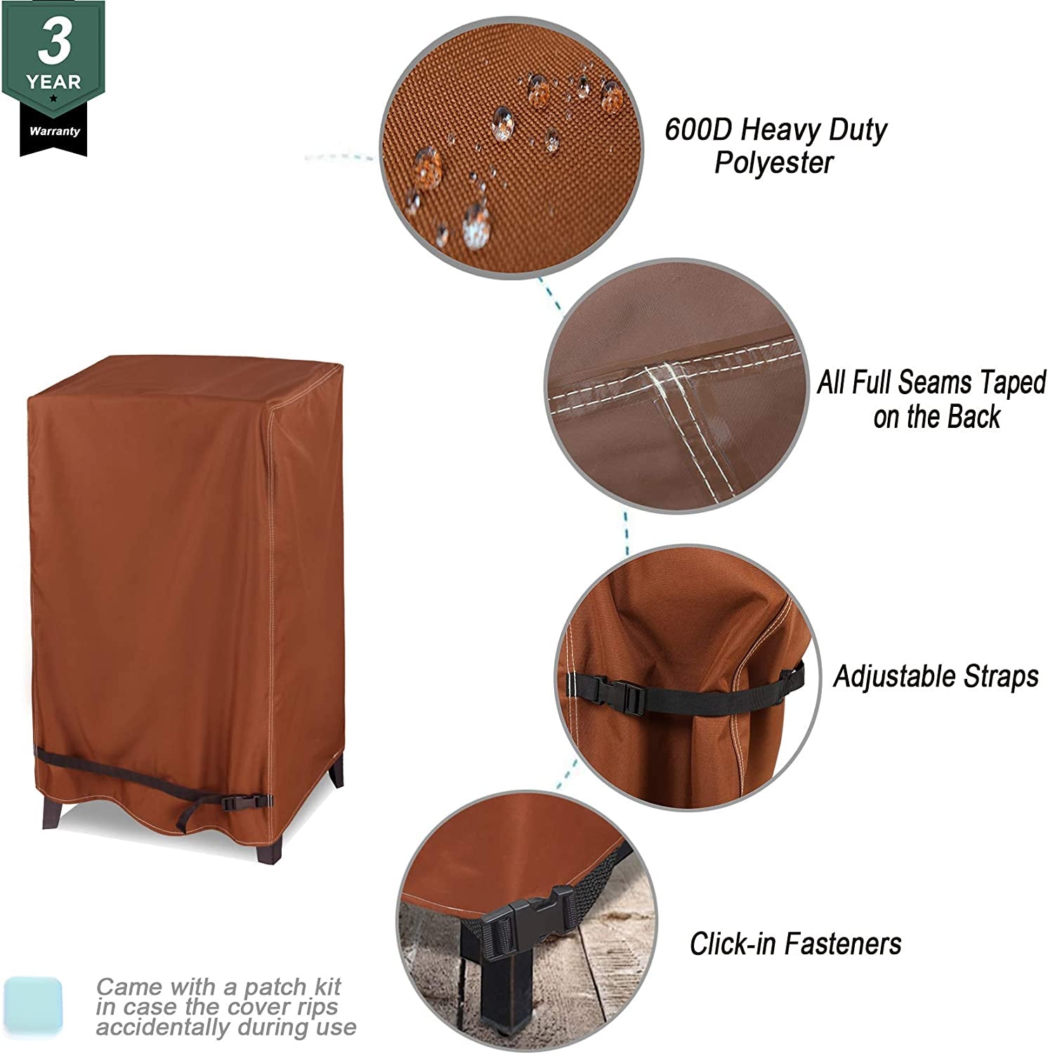 Netttypro 30 Inch Waterproof Electric Smoker Cover for Cuisinart Dyna-Glo Charbroil Digital Propane Vertical Smoker, Outdoor 600D Heavy Duty Square Smoker Grill Cover, Brown