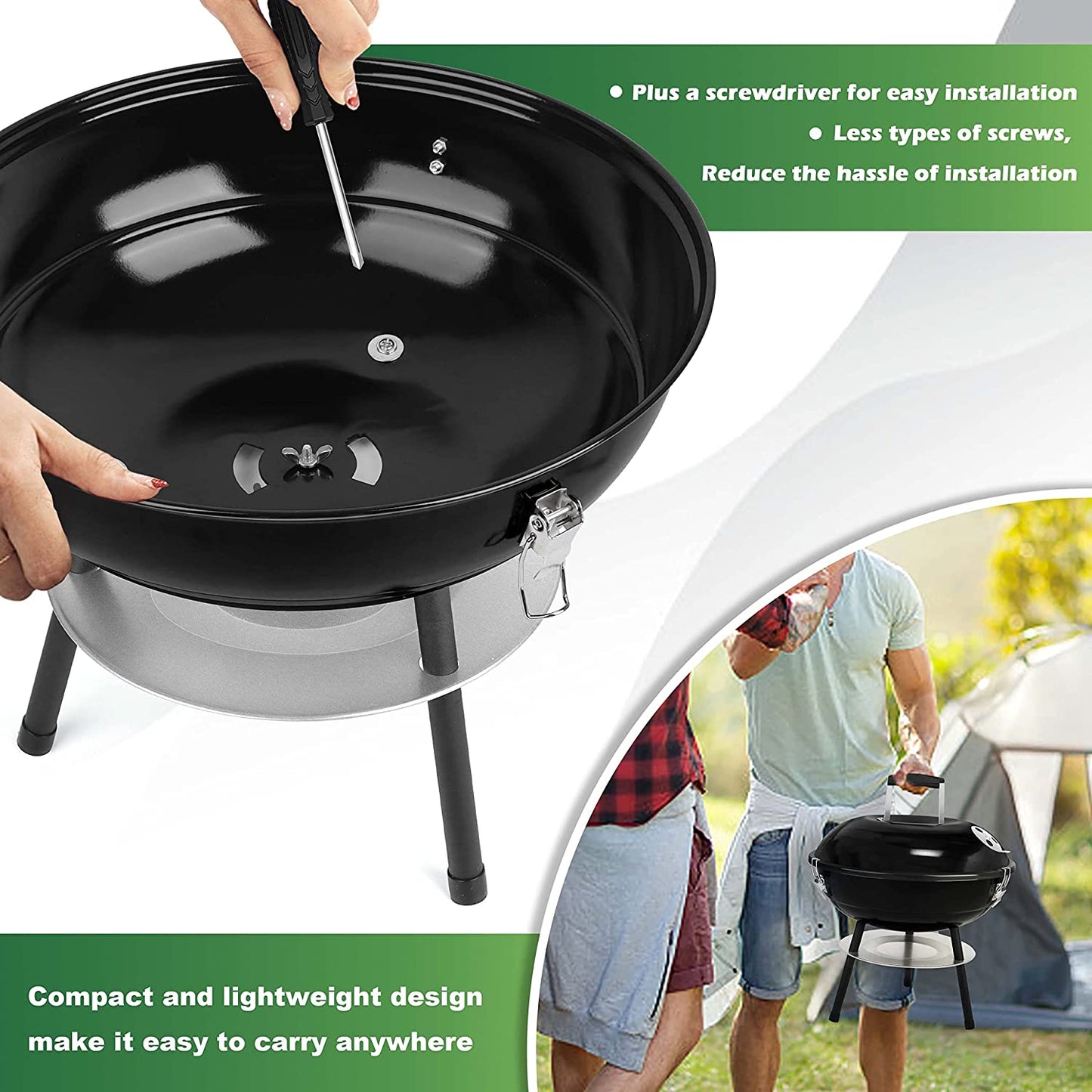 Joyfair Charcoal Grill with 2 Grilling Racks, 14In Small Portable BBQ Grill with Lid for Outdoor Camping/Patio/Backyard Barbecue/Tabletop Cooking, Enamel Coated & Dual Vent System, Black