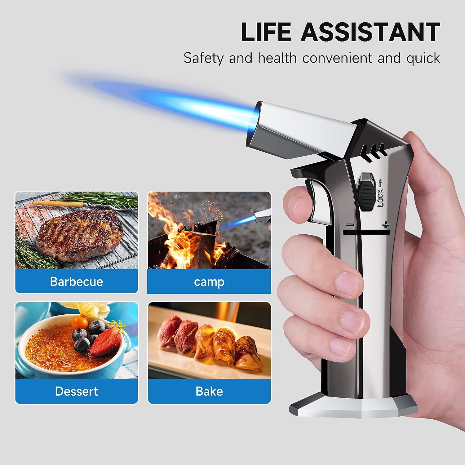Butane Torch - Refillable Torch Lighter, Kitchen Torch for Baking, Cooking Food, Creme Brulee, BBQ, Blow Torch with Safety Lock and Adjustable Flame, 2 Cans Butane Included.