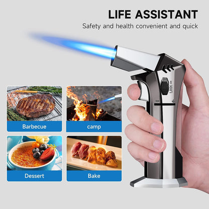 Butane Torch - Refillable Torch Lighter, Kitchen Torch for Baking, Cooking Food, Creme Brulee, BBQ, Blow Torch with Safety Lock and Adjustable Flame, 2 Cans Butane Included.