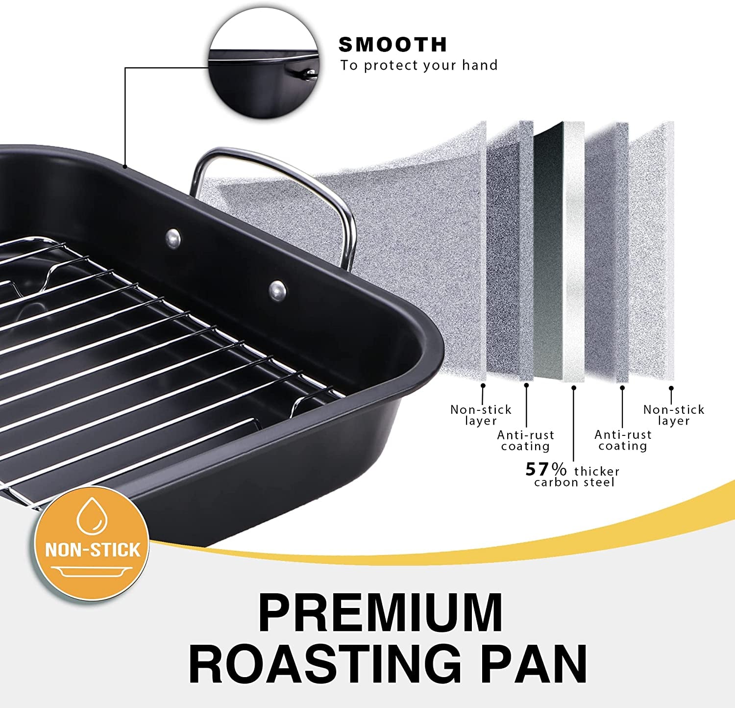 HONGBAKE Small Roasting Pan with Flat Rack, Nonstick Chicken Roaster Tray, Mini Oven Pans for Cooking Lasagna with Stainless Steel Handles, 16 X 11Inch