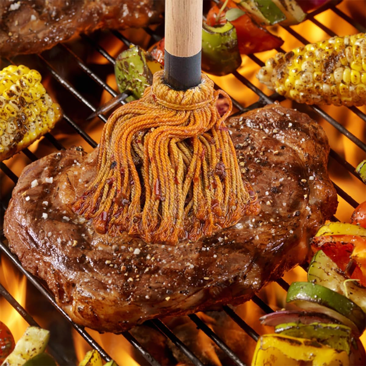 18 Inch BBQ Basting Mop Brush with 2 Extra Replacement Cotton Heads and Silicone Grill Brush, Wooden Long Handle Grill Basting Brush Mop for Roasting or Outdoor Grill BBQ Grilling Smoking Steak