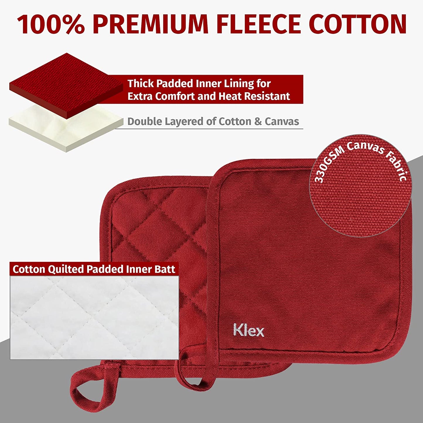 4Pcs 100% Thick Cotton Potholders for Oven Cooking and Baking, Durable 330GSM Hot Pads, up to 482°F Degrees Heat Resistance Pot Holder, Heavy-Duty Cotton Canvas, Red
