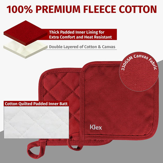4Pcs 100% Thick Cotton Potholders for Oven Cooking and Baking, Durable 330GSM Hot Pads, up to 482°F Degrees Heat Resistance Pot Holder, Heavy-Duty Cotton Canvas, Red