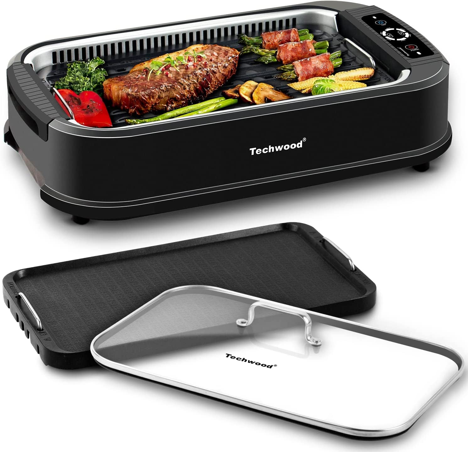 Indoor Grill,  1500W Smokeless Electric Grill with 2 In1 Nonstick Grill/Griddle Plates, Portable Korean BBQ Grill with 6-Level Control, Glass Lid, Dishwasher Safe, Double Plates, Black