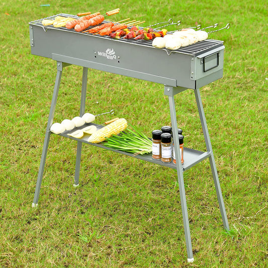 WILLBBQ Commercial Quality Portable Charcoal Grills Multiple Size Hibachi BBQ Lamb Skewer Folded Camping Barbecue Grill for Garden Backyard Party Picnic Travel Outdoor Cooking Use(31.6X7.1X5.1 Inch)