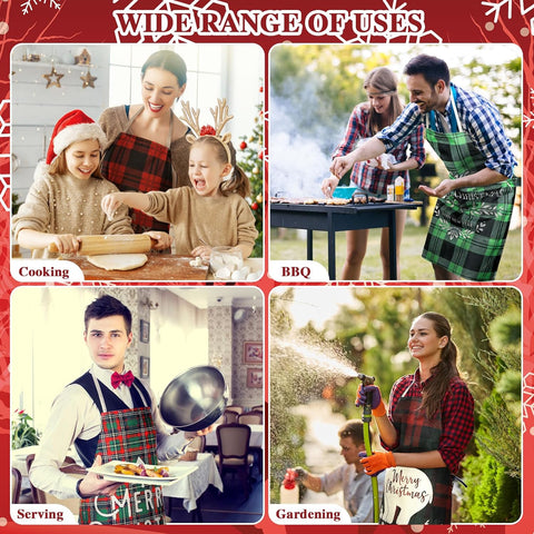 Image of 8 Pcs Christmas Buffalo Plaid Aprons Waterproof Holiday Kitchen Aprons Xmas Adjustable Baking Cooking Aprons Merry Christmas Aprons for Women Men Adults Chef Housewife