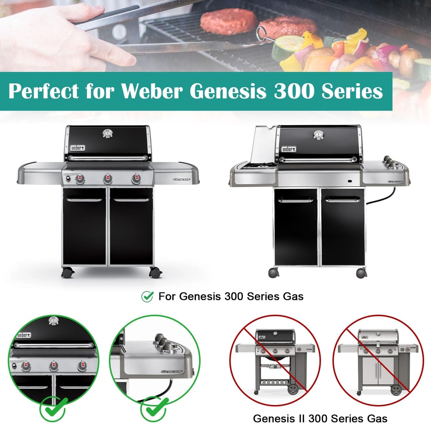 Full-Size Griddle Inserts for Weber Genesis 300 Gas Grill, Griddle for Weber Genesis 300 Series E-310 E-320 E-330 S-310 S-320 S-330 EP-310 EP-320 EP-330 CEP-310 CEP-330 Replace for Weber 7524 Grate*2