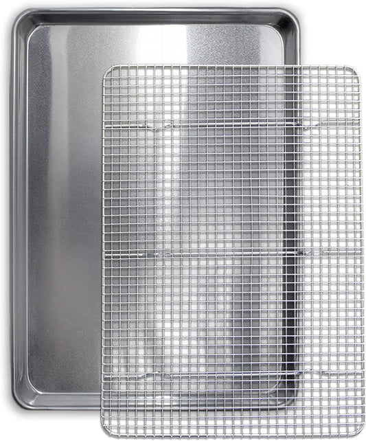 Commercial Quality Cookie Sheet and Rack - Aluminum Half Sheet Baking Pan and Stainless Steel Cooling Rack Set - This 13X18 Baking & Roasting Tray Is Rust & Warp Resistant, Heavy Duty, of Thick Gauge