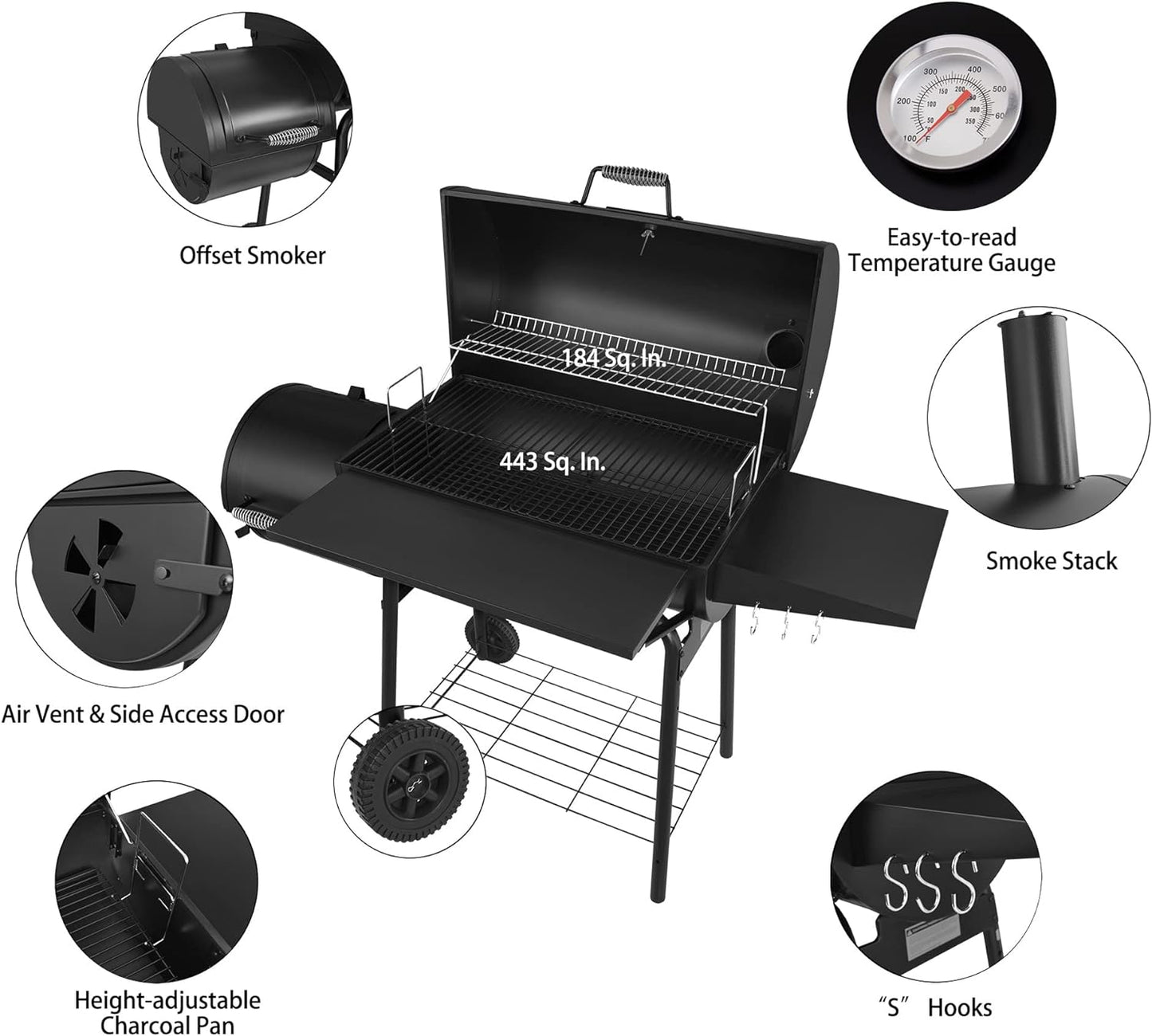 CC1830S 30" BBQ Charcoal Grill and Offset Smoker | 811 Square Inch Cooking Surface, Outdoor for Camping | Black