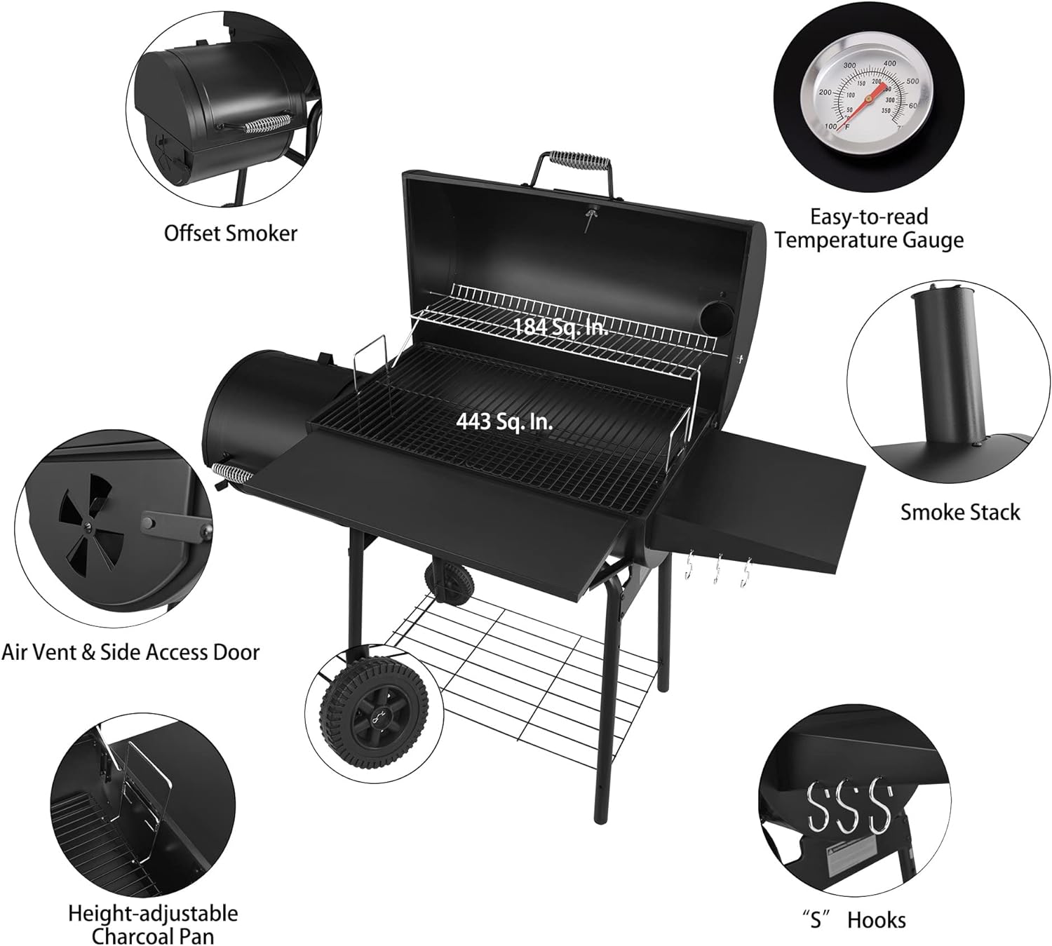 CC1830S 30" BBQ Charcoal Grill and Offset Smoker | 811 Square Inch Cooking Surface, Outdoor for Camping | Black