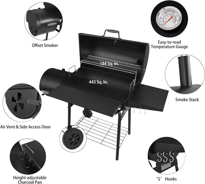 CC1830S 30" BBQ Charcoal Grill and Offset Smoker | 811 Square Inch Cooking Surface, Outdoor for Camping | Black