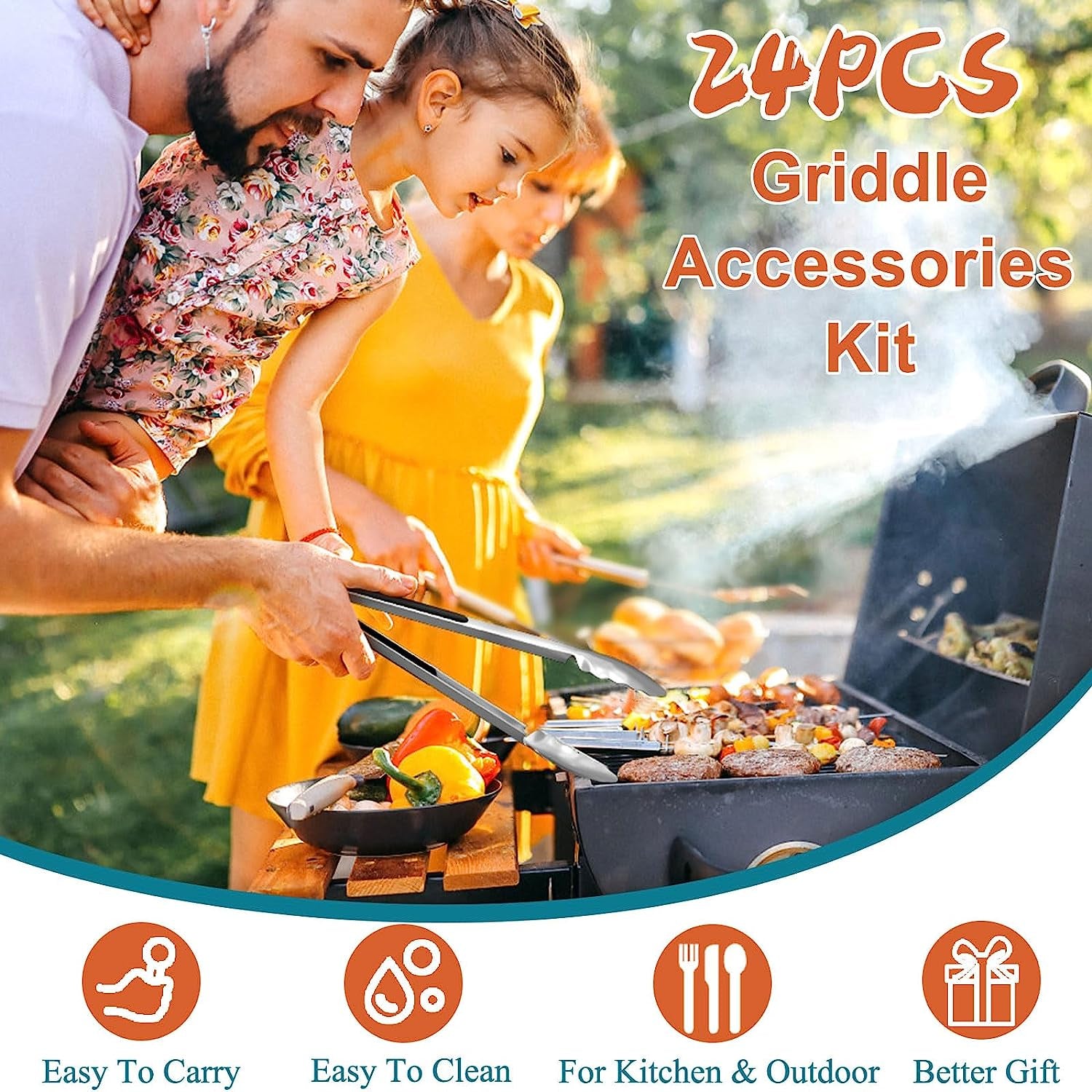 AEEKEL Blackstone Griddle Accessories Kit, 24Pcs Flat Top Grill Accessories Kit for Camp Chef, Professional BBQ Grilling Accessories Set with Grill Press, Enlarged Spatula, and More Griddle Tools