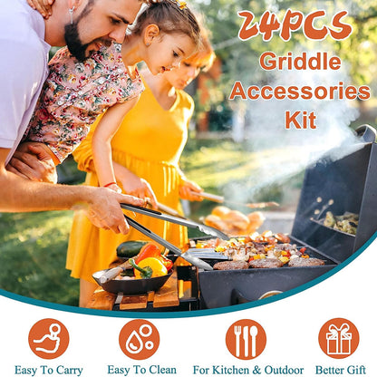 AEEKEL Blackstone Griddle Accessories Kit, 24Pcs Flat Top Grill Accessories Kit for Camp Chef, Professional BBQ Grilling Accessories Set with Grill Press, Enlarged Spatula, and More Griddle Tools