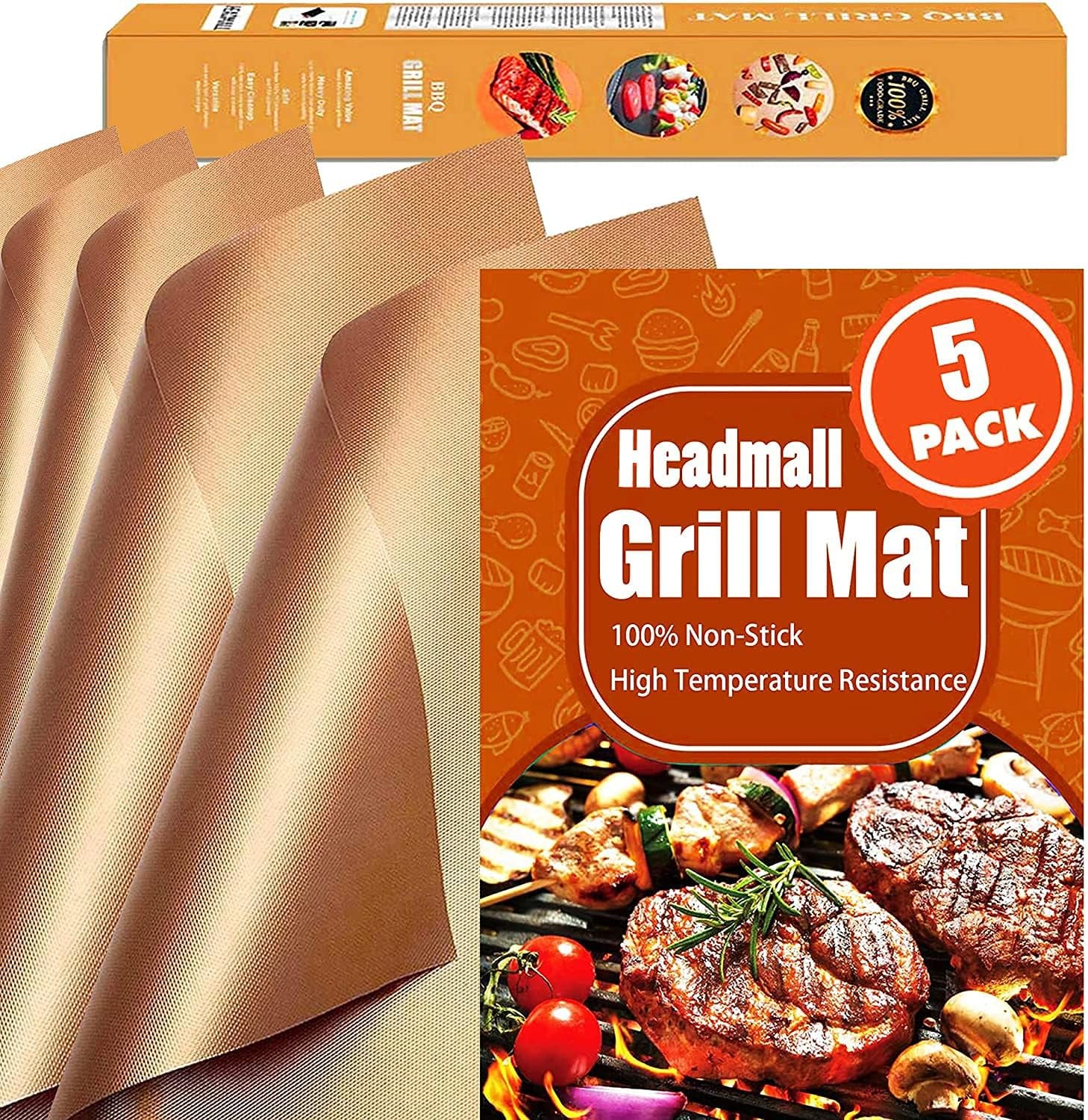 Copper Grill Mats Set of 5, Grill Mats Non Stick, BBQ Grill Mat & Baking -Reusable and Easy to Clean-Bbq Mats for Electric Gas Charcoal Grill