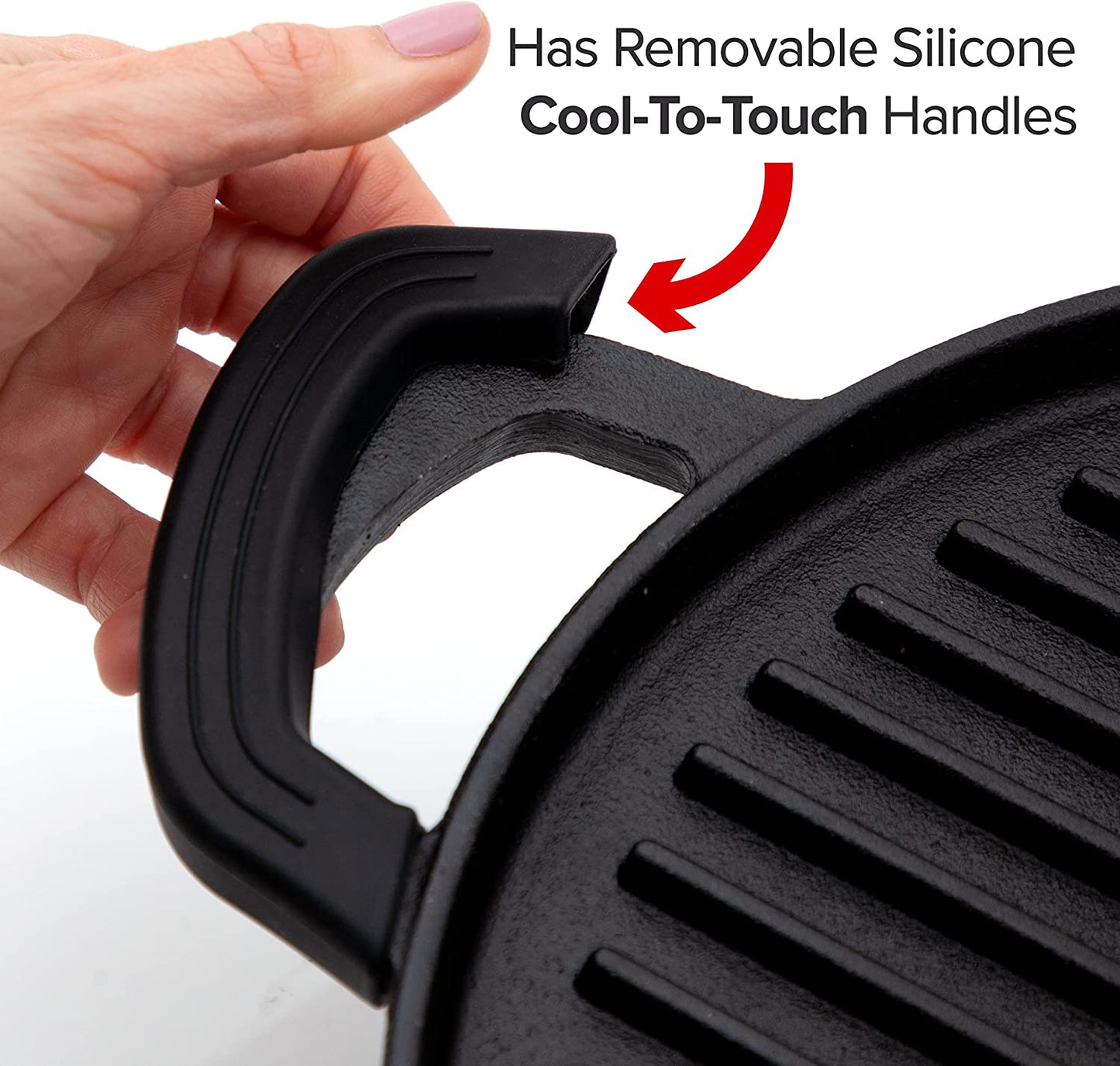 Cast Iron Grill, 12.42”X10.21” Non-Stick Grilling Surface, Deep Grill Ridges, Pre-Seasoned, Stay-Cool Silicone Handles, Easy-To-Clean, Oven Safe, Stovetop, BBQ, Fire & Smoker, Induction-Ready