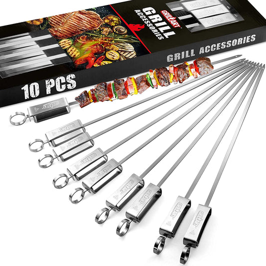 GRILLART Kabob Skewers for Grilling - Metal Skewers for Kabobs with Slider - Flat BBQ Skewers Stainless Steel - 17" Shish Kabob Grill Skewers & Ideal Kabob Sticks for Meat Shrimp Chicken Veggie(10Pcs)