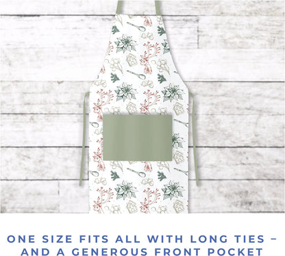 Chef Apron for Cooking, Baking, Grilling, Cleaning, Gardening, Serving - 100% Cotton with Adjustable Neck Strap, Front Pocket and Long Tie 4 Piece Green & Red