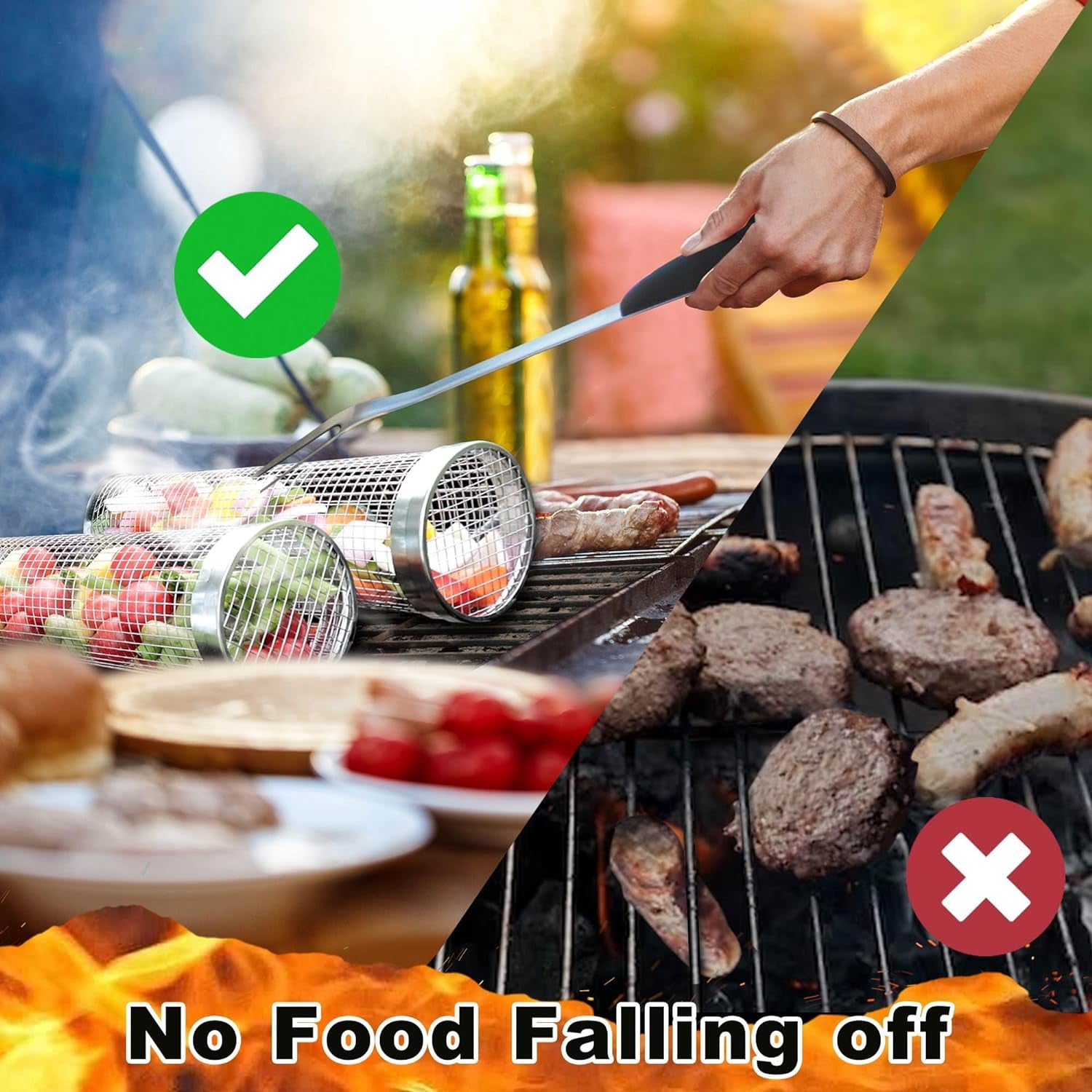 [Upgraded] Grill Basket 2 Pcs (Size XL), Dishwasher Safe Rolling Grilling Baskets for Outdoor Grilling, Stainless Steel BBQ Grill Basket for Veggies, Grill Nets Cylinder, Gifts for Men/Dad