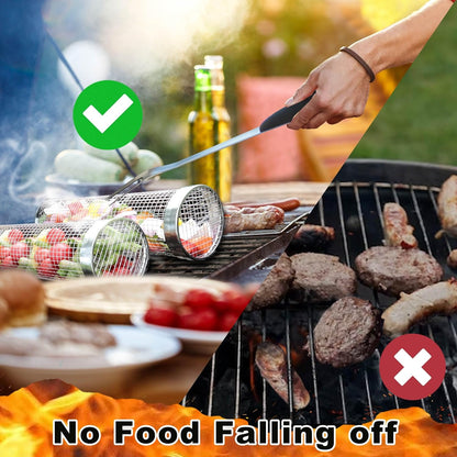 [Upgraded] Grill Basket 2 Pcs (Size XL), Dishwasher Safe Rolling Grilling Baskets for Outdoor Grilling, Stainless Steel BBQ Grill Basket for Veggies, Grill Nets Cylinder, Gifts for Men/Dad