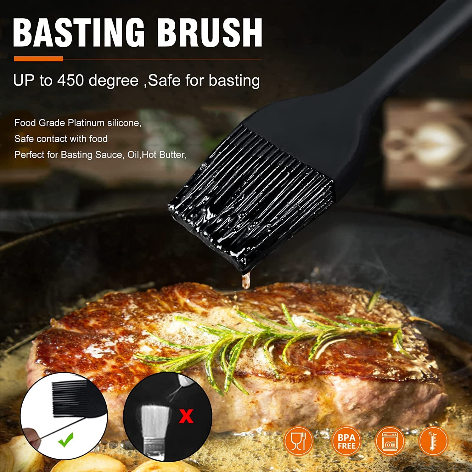 Walfos Silicone Basting Pastry Brush, Heat Resistant Pastry Brush Set, Strong Steel Core and One-Pieces Design, Perfect for BBQ Grill Baking Kitchen Cooking, BPA Free and Dishwasher Safe (2 Pcs)
