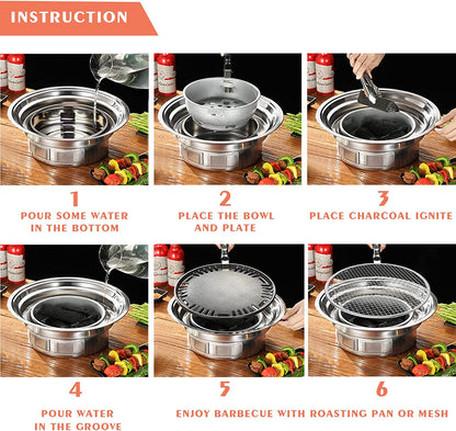 Puraville Charcoal Barbecue Grill, 13.7 Inches Non-Stick Korean BBQ Grill, Portable Stainless Steel Charcoal Stove for Home Party Outdoor Camping