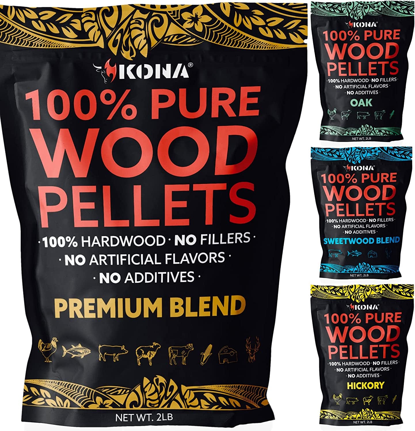 Best Wood Smoking Pellets - Grilling Smoker Tube Pellets Variety Pack - 100% Hickory,  Premium Blend, 100% Oak,  Signature Sweetwood Blend - 2 Pound Bags