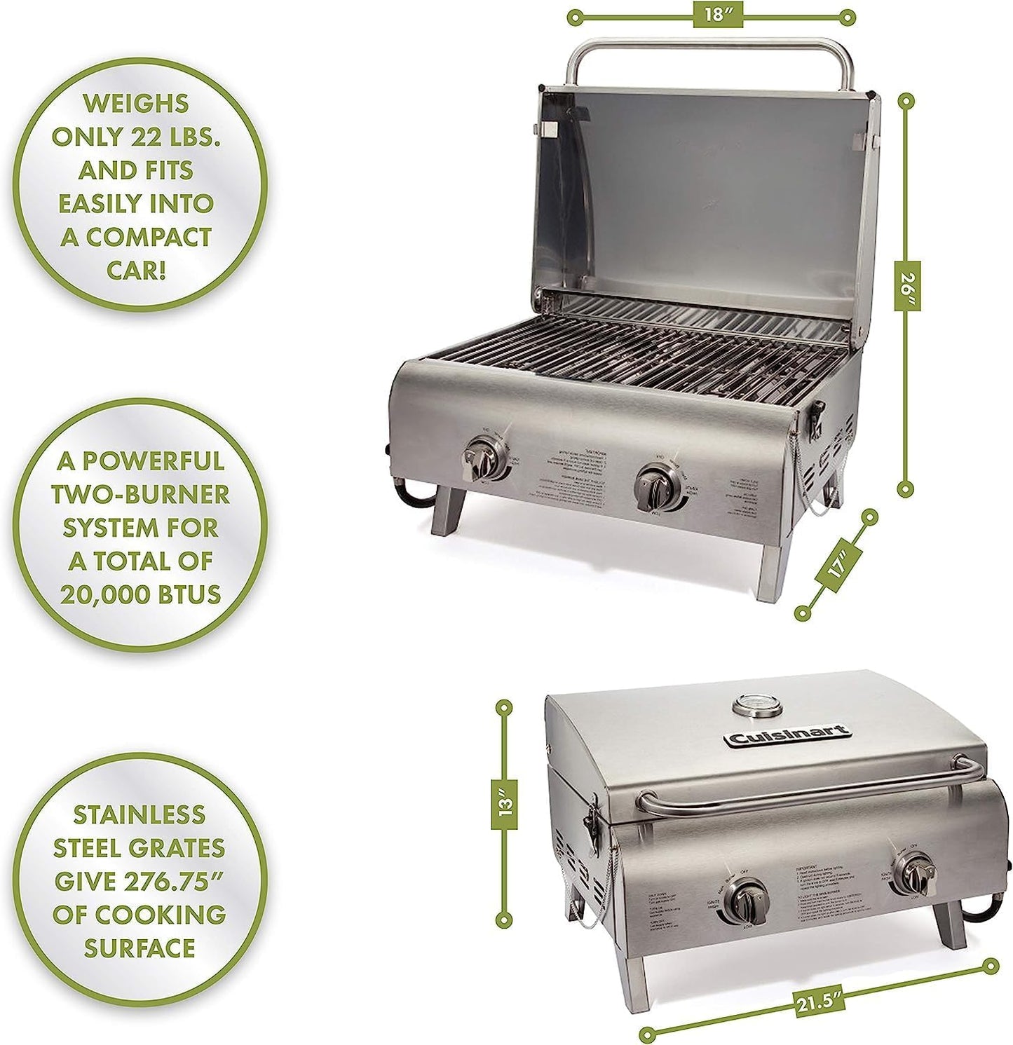 CGG-306 Chef'S Style Portable Propane Tabletop 20,000, Professional Gas Grill, Two 10,000 BTU Burners, Stainless Steel