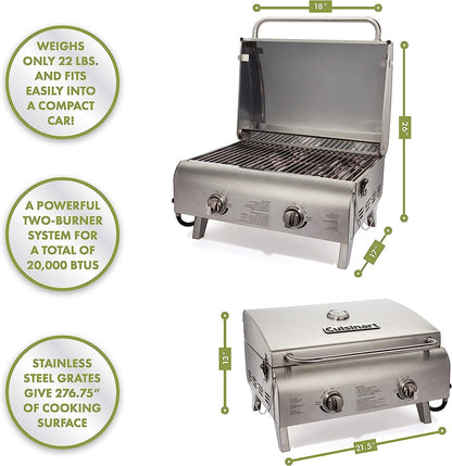 CGG-306 Chef'S Style Portable Propane Tabletop 20,000, Professional Gas Grill, Two 10,000 BTU Burners, Stainless Steel