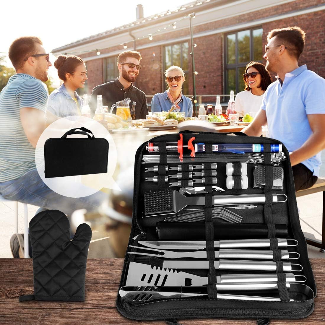 34PCS BBQ Grill Tools Set Stainless Steel Grilling Accessories with Spatula, Tongs, Skewers for Barbecue, Camping, Kitchen, Complete Premium Grill Utensils Set in Storage Bag, Silver, (BTS-34)