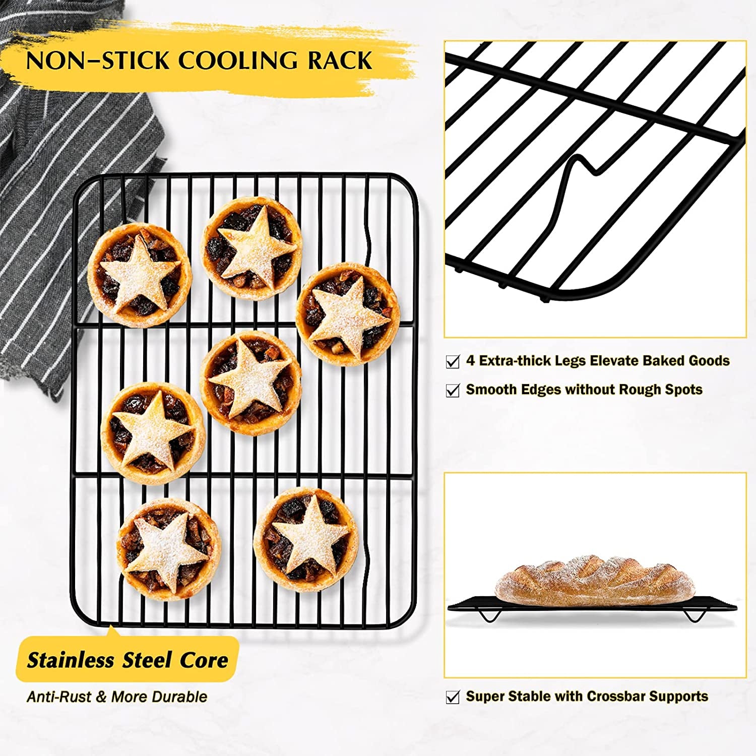 Small Baking Wire Rack Set of 2, E-Far Non-Stick Rack for Toaster Oven Cooking Roasting Broiling Grilling Meat Bacon, 8.7” X 6.2” Metal Bakeable Cooling Rack for Cookie Cake - Easy to Clean