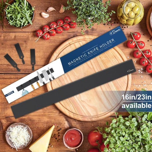 Magnetic Knife Holder for Wall—With 3 Hooks, No Drilling 16 Inch Black Knife Magnetic Strip, Powerful Knife Magnet Rack, Include Adhesive Tape and Screws for Knives, Utensils, and Tools