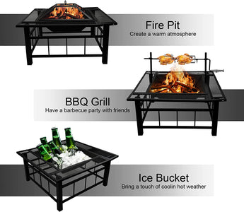 32 Inch Fire Pit Table with Swivel Grill for Outside, Large Square Outdoor Wood Burning Firepit with BBQ Grill Grate, Mesh Spark, Log Grate, Poker for Backyard Garden Patio Camping Picnic