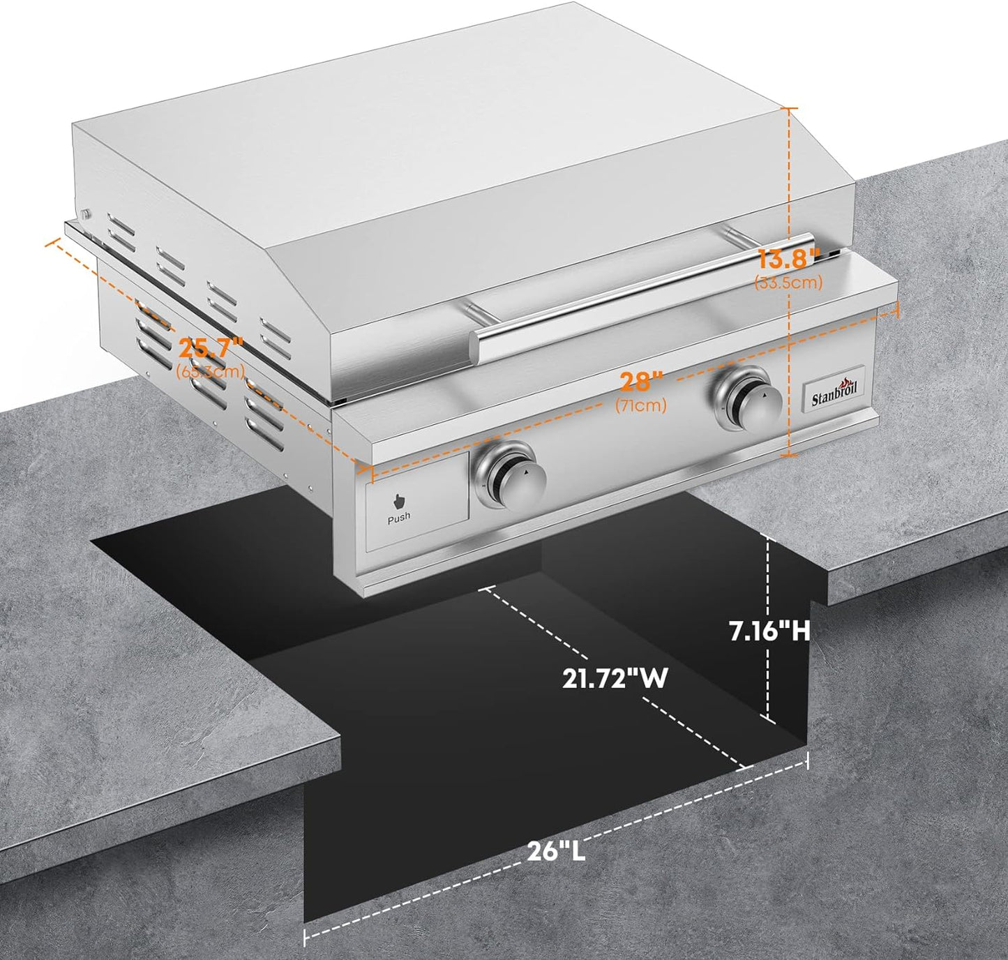 28-Inch Premium Built-In Natural Gas Griddle for Outdoor Kitchen Grill, Durable Stainless Steel 2-Burner Flat Top Grill with Lid for BBQ Island, 34,000 Btus