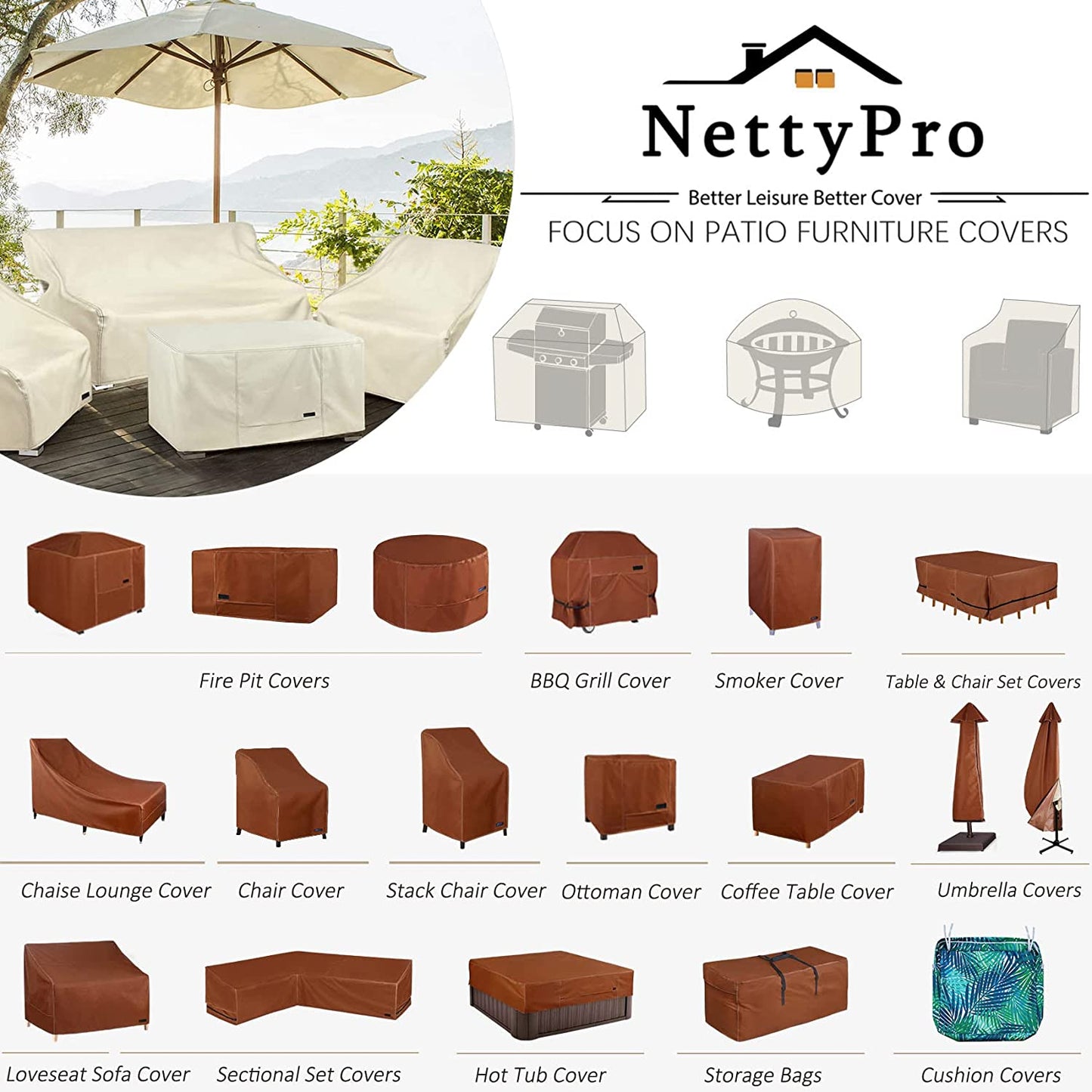 Nettypro BBQ Grill Cover 56 Inch Outdoor Patio 600D Heavy Duty Waterproof 2-3 Burner Barbecue Cover for Weber, Char-Broil, Brinkmann, Nexgrill Grills and More, Brown