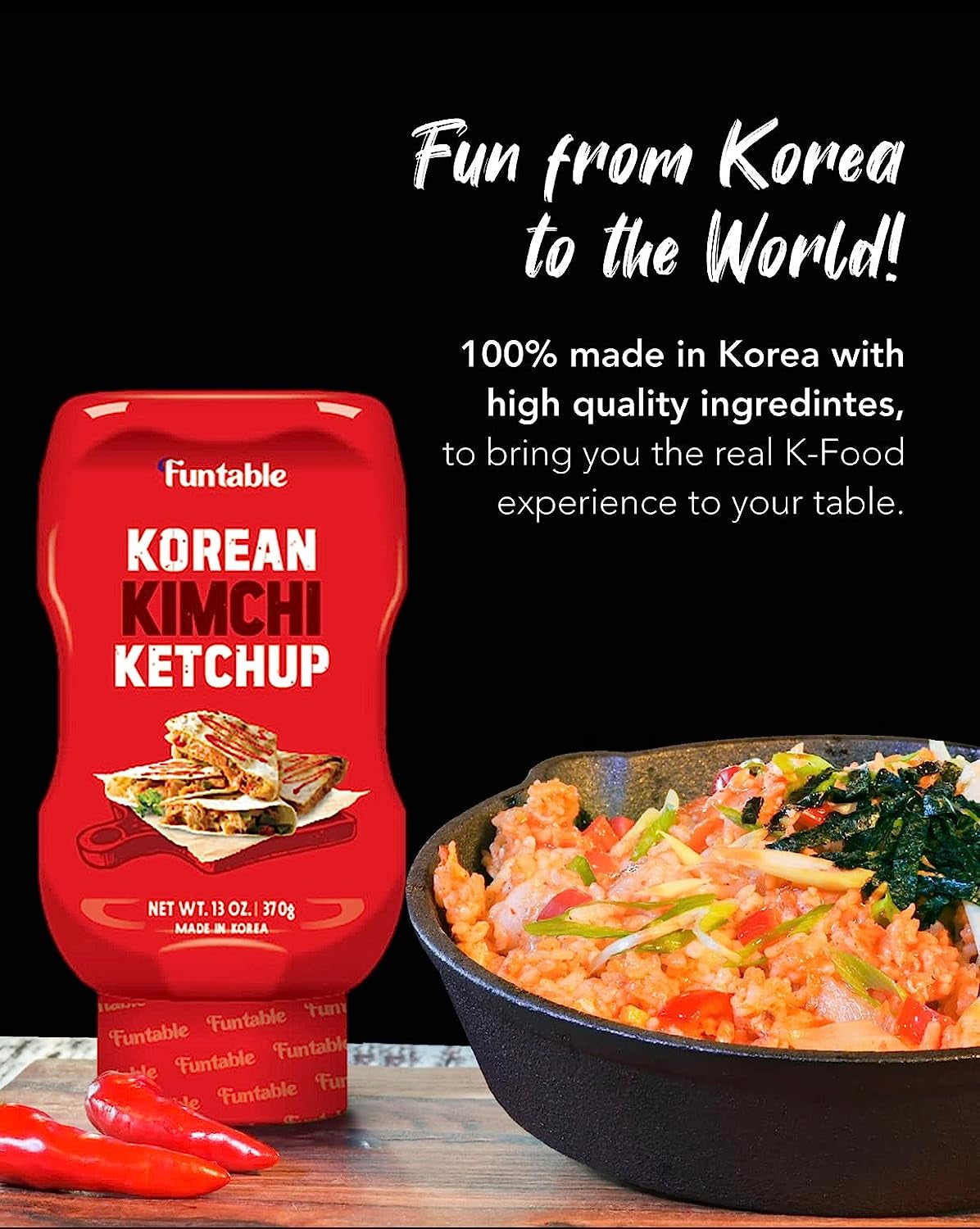 Funtable Korean Kimchi Ketchup (13Oz, Pack of 1) - Savoury & Spicy Low-Calorie Ketchup, Great Flavors, Easy-To-Use. Perfect for Chicken, Nuggets, Wings & Nachos, Tomato Sauce Alternative.