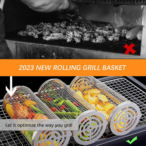 Image of 2PCS Flip-Top round Grill Basket - Rolling Baskest for Outdoor Grilling, Stainless Steel Wire Mesh for Fish, Shrimp, Meat, Veggies, and Fries Portable, BBQ Accessories for Camping Parties