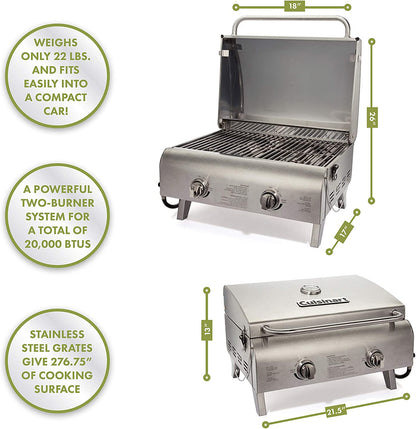 CGG-306 Chef'S Style Portable Propane Tabletop 20,000, Professional Gas Grill, Two 10,000 BTU Burners, Stainless Steel