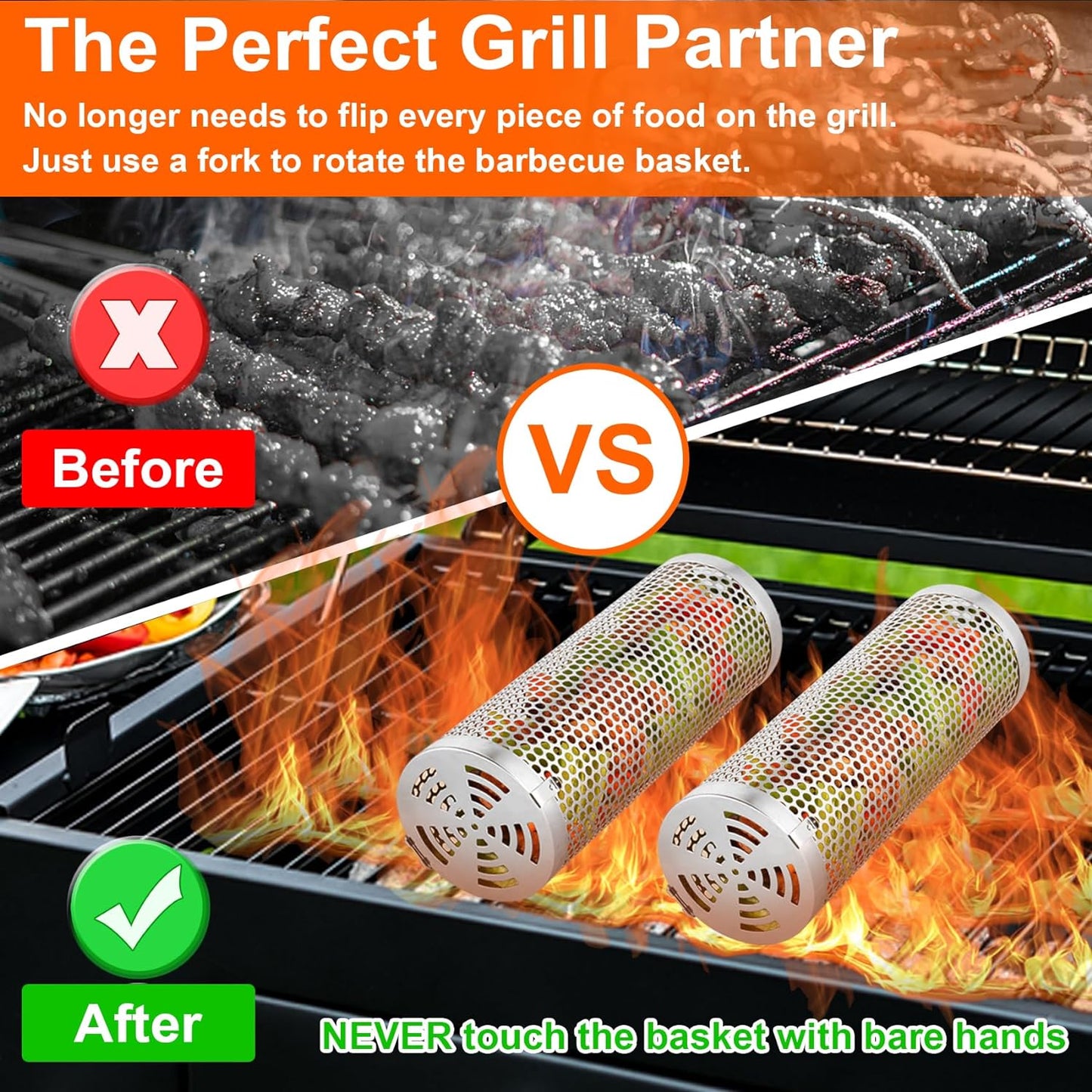 Reclite Rolling Grilling Baskets for Outdoor Grilling BBQ Grill Basket Stainless Steel, Grill Basket for Veggies Fish, Shrimp, Meat, Fries Food Camping, Gift for Men(Small+Large)