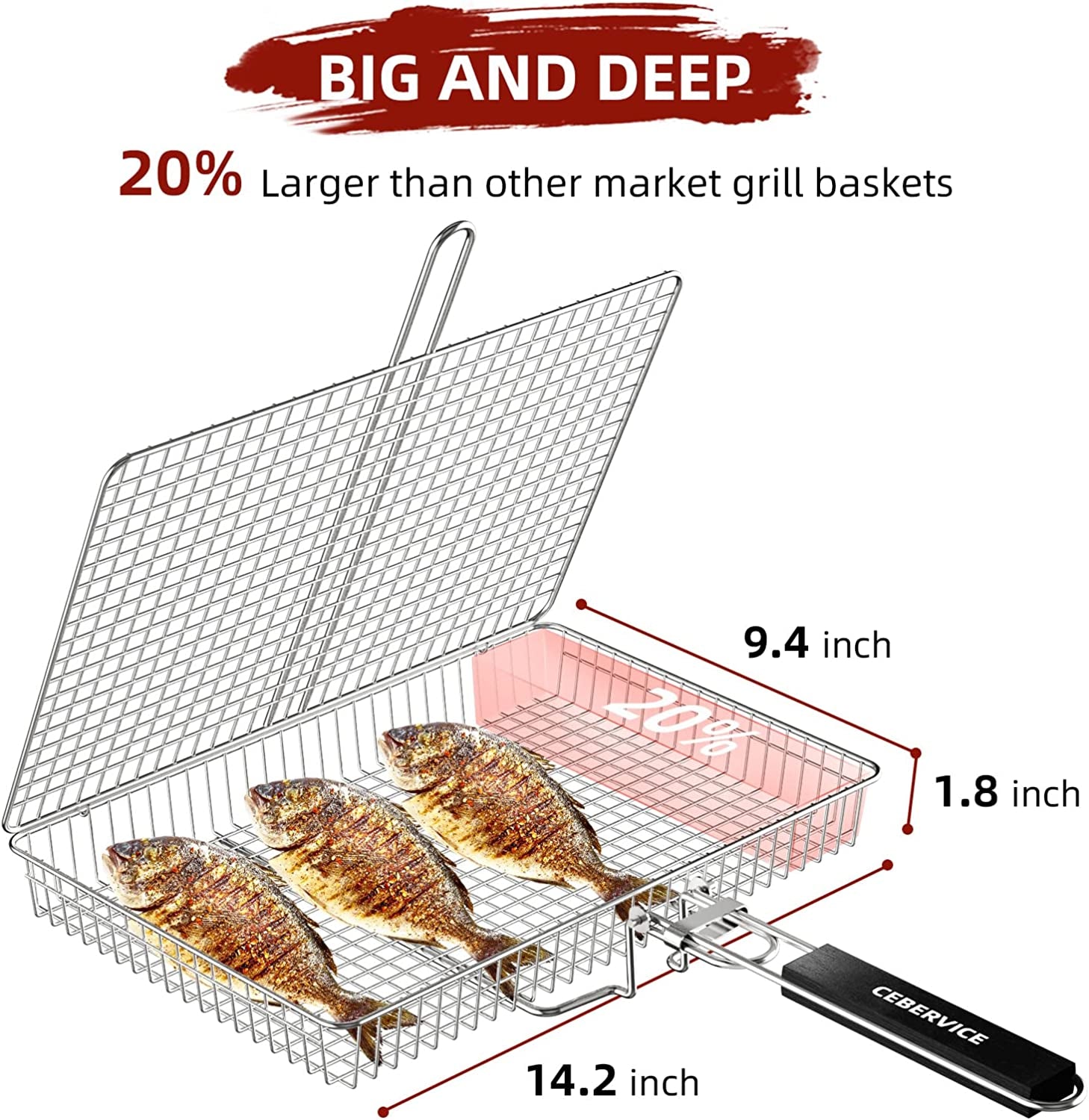 CEBERVICE Grill Basket Extra Large, SUS304 Food Safe Stainless Steel, Portable Folding BBQ Outdoor Camping Grilling Rack for Fish, Vegetables, Shrimp, Barbeque Griller Cooking Accessories, Grilling Gifts for Men, Dad, Father, Husband