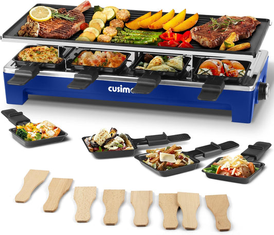 Raclette Table Grill,  Electric Grill, 1500W Korean BBQ Grill, Cheese Raclette Indoor Grill with 2 in 1 Reversible Non-Stick Plate, Crepe Maker with 8 Paddles & Shovels, Blue Upgraded Version